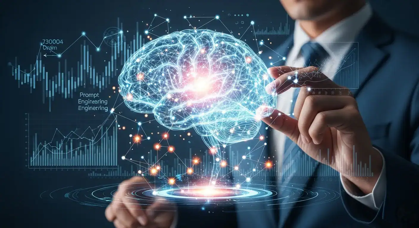 AI Prompt Engineering Visualization: Holographic brain model with data charts.